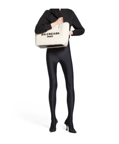 Balenciaga Rectangular Shearling Handbag With Metal Chain Handles In Neutral