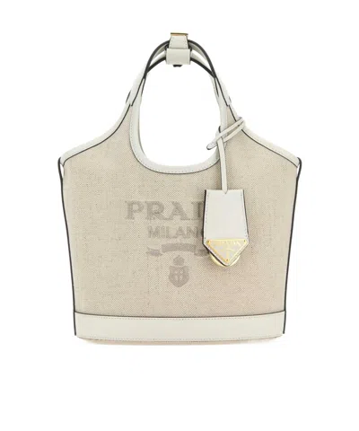 Prada Textured Fabric Shoulder Bag With Top Handle In Neutral