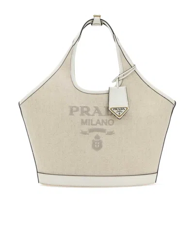 Prada Canvas Top Handle Shoulder Bag In Tan / White
