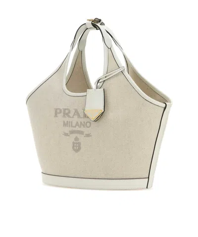 Prada Canvas Top Handle Shoulder Bag In Tan / White