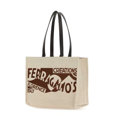 Ferragamo Canvas Shopping Bag Leather Handles In Nude