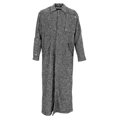 Off-white Herringbone Midi Coat In Grey Wool
