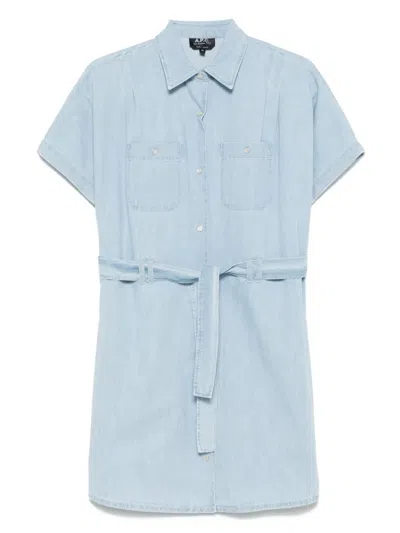 Apc A.p.c. 'suzanne' Light Blue Dress With Patch Pockets On The Chest And Waist Belt In Cotton Woman In Multicolor