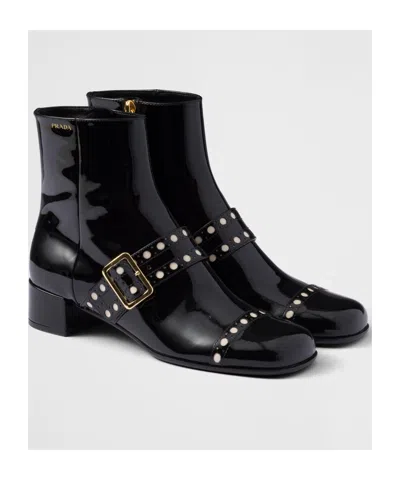 Prada Black Leather Ankle Boots In Black