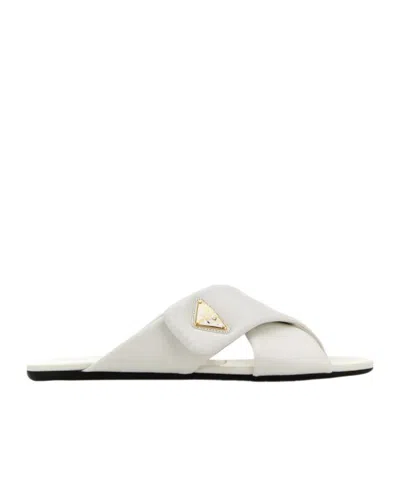 Prada Nappa Leather Flat Open Toe Sandals In White