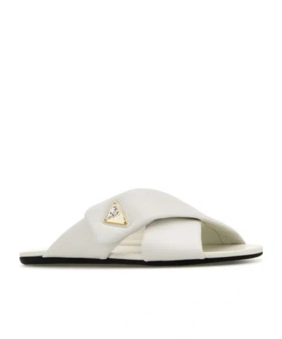 Prada Nappa Leather Flat Open Toe Sandals In White