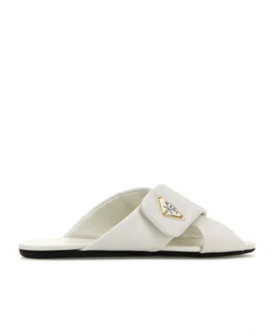 Prada Nappa Leather Flat Open Toe Sandals In White