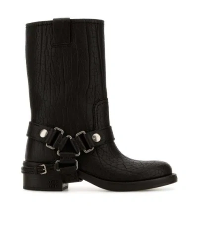 Miu Miu Leather Block Heel Ankle Boots In Black