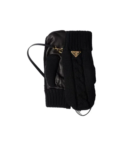 Prada Womens Black Triangle-logo Wool And Nappa Leather Gloves In Black
