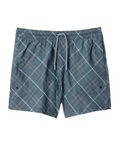 Burberry Check Pattern Swim Shorts With Drawstring Waist In Pewter