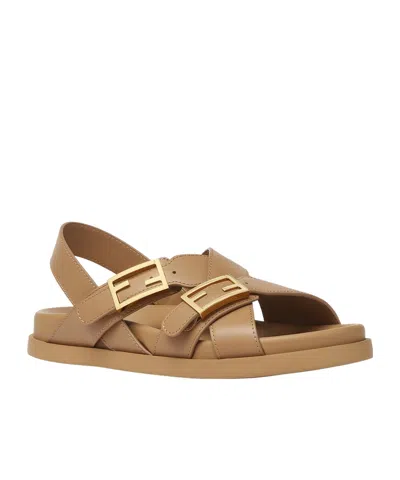 Fendi Feel Buckle-strap Leather Sandals In Light Brown