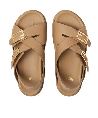 Fendi Feel Buckle-strap Leather Sandals In Light Brown