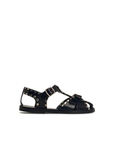 Bally Black Calfskin Leather Sandals With Metal Trim And Buckle Closure In Black