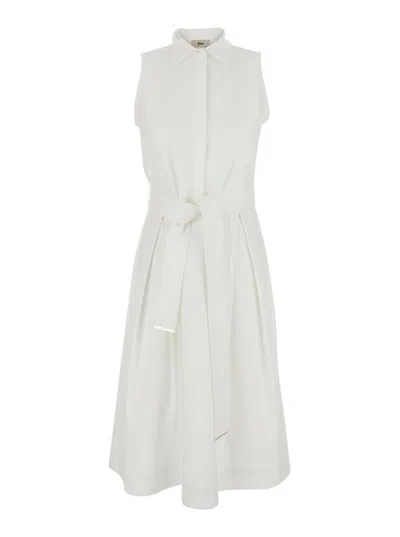 Herno White Sleeveless Dress With Classic Collar And Adjustable Belt In Tech Fabric Stretch Woman In White