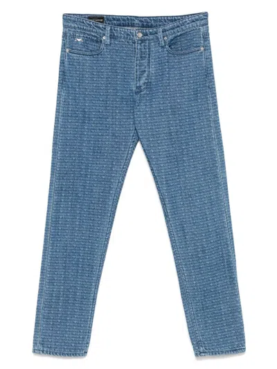 Emporio Armani Allover Logo Denim Jeans In Black