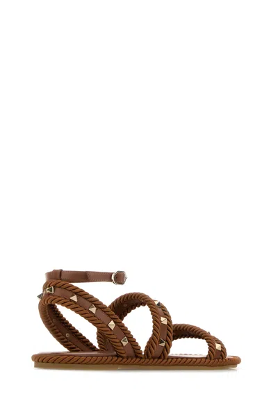 Valentino Garavani Caramel Fabric Rockstud Sandals In Brown