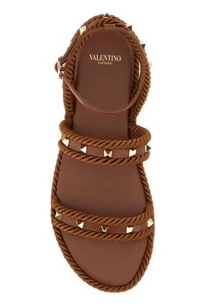Valentino Garavani Caramel Fabric Rockstud Sandals In Brown