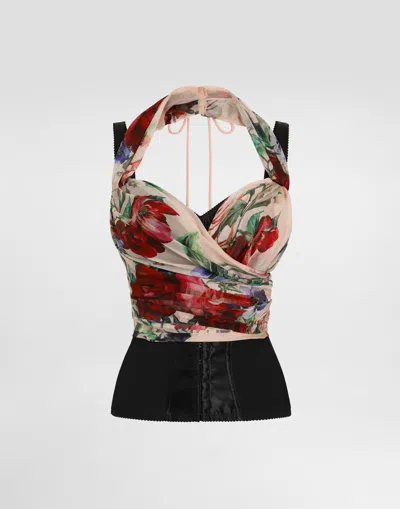 Dolce & Gabbana Flower Print Marquisette And Chiffon Bustier Top In Print