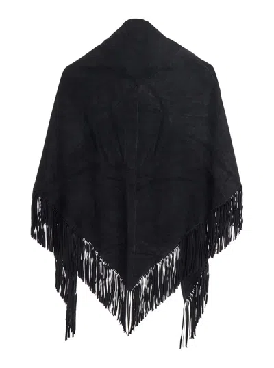 Plain 'elena' Black Cape With Fringed Hem In Fabric Woman In Black
