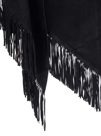 Plain 'elena' Black Cape With Fringed Hem In Fabric Woman In Black