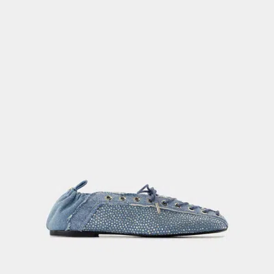 Ganni Crystal-embellished Denim Lace-up Ballerinas In Blue