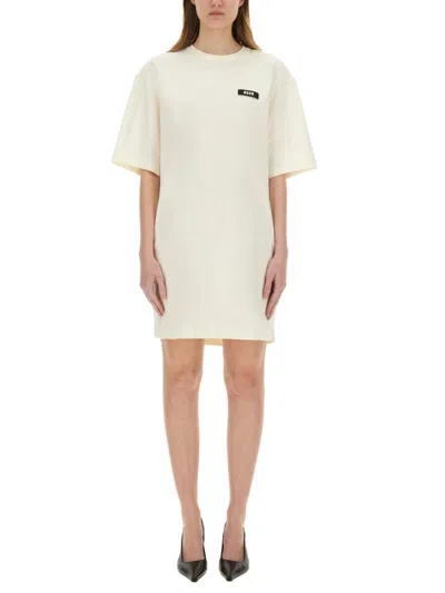 Msgm Regular Fit Mini Dress With Logo In Beige