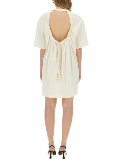 Msgm Regular Fit Mini Dress With Logo In Beige