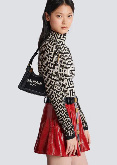 Balmain B-army Handbag In Monogrammed Canvas And Leather In Black