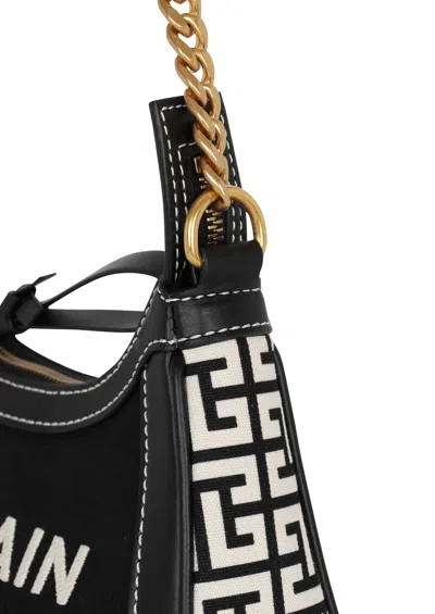 Balmain B-army Handbag In Monogrammed Canvas And Leather In Black