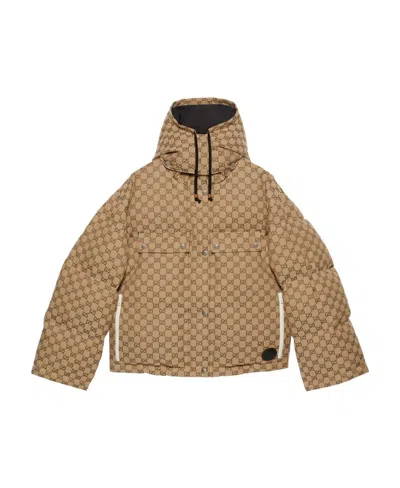 Gucci Down Jacket With Monogram In Camel/ebony
