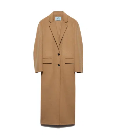 Prada Long Cashgora Single Breast Coat In Camel Brown