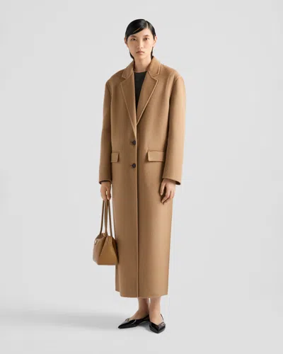 Prada Long Cashgora Single Breast Coat In Camel Brown