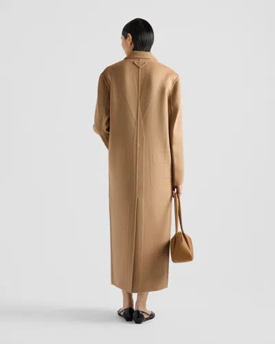 Prada Long Cashgora Single Breast Coat In Camel Brown