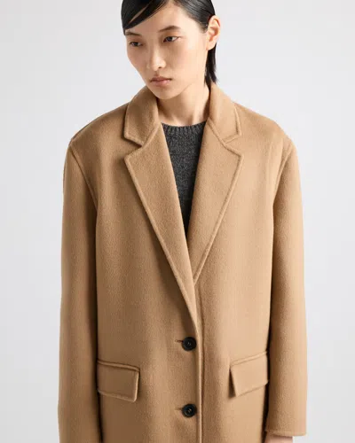 Prada Long Cashgora Single Breast Coat In Camel Brown
