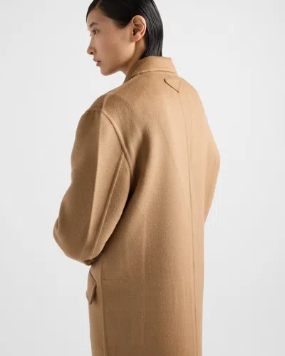 Prada Long Cashgora Single Breast Coat In Camel Brown