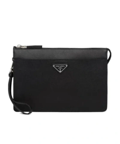 Prada Clutch Bag Leather Detachable Wrist Handle In Black