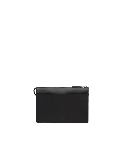 Prada Clutch Bag Leather Detachable Wrist Handle In Black