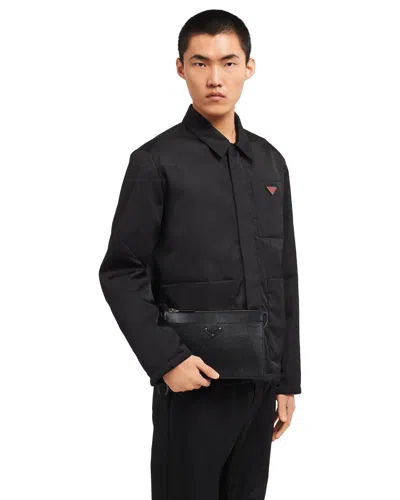Prada Clutch Bag Leather Detachable Wrist Handle In Black