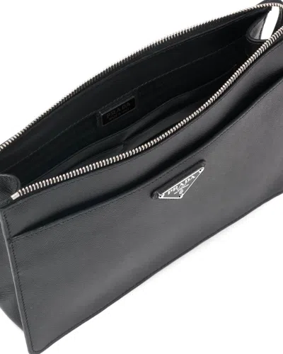 Prada Clutch Bag Leather Detachable Wrist Handle In Black