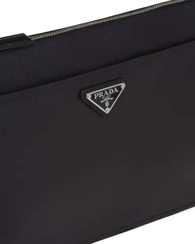 Prada Clutch Bag Leather Detachable Wrist Handle In Black