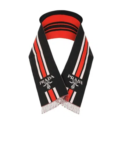 Prada Black Embroidered Wool Scarf In Black