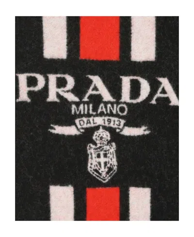 Prada Black Embroidered Wool Scarf In Black