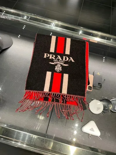 Prada Black Embroidered Wool Scarf In Black