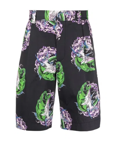 Msgm Graphic-print Straight-leg Shorts In Black