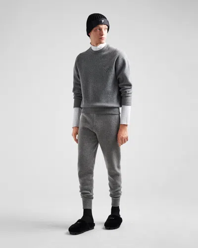 Prada Cashmere Logo Casual Pants In Gray