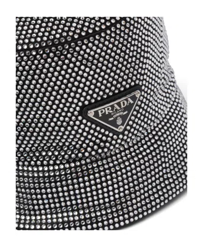 Prada Crystal-embellished Satin Bucket Hat In Black