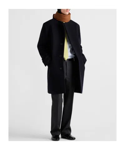Prada Wool Coat With Long Sleeves And Notched Lapel In Navy Blue