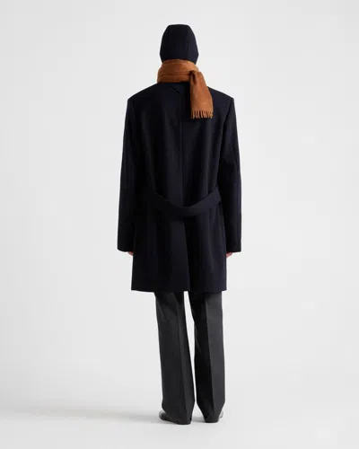 Prada Wool Coat With Long Sleeves And Notched Lapel In Navy Blue