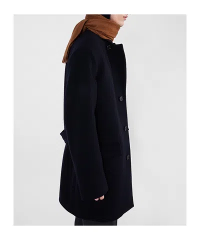 Prada Wool Coat With Long Sleeves And Notched Lapel In Navy Blue