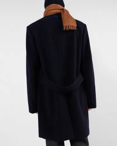Prada Wool Coat With Long Sleeves And Notched Lapel In Navy Blue